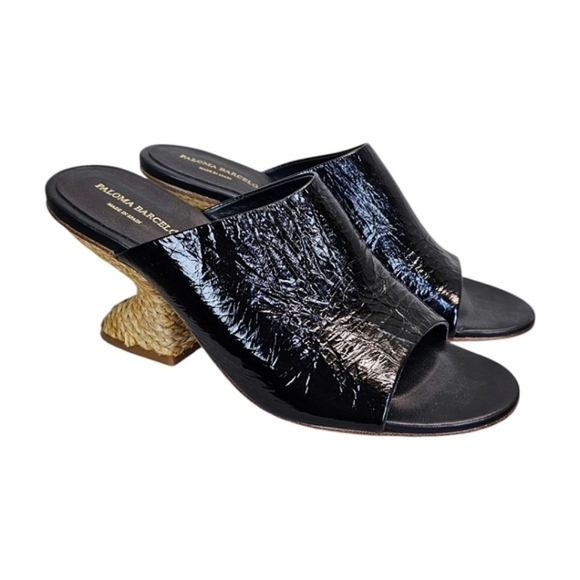 Paloma Barceló Black Calf Leather Open Toe Sandals Raffia Heel 39 Quiet Luxury - Picture 2 of 12